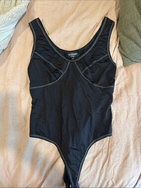 Kittenish Black Bodysuit with Contrast White Stitching